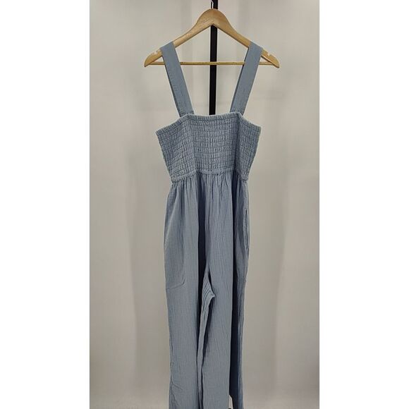 Quince Womens 100% Organic Cotton Gauze Smocked Wide Leg Jumpsuit Ocean Breeze L - Picture 3 of 3